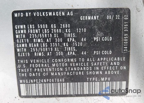 2022 Volkswagen Id.4 Awd Pro z USA, uszkodzony, nr VIN WVGJNPE24NP067848